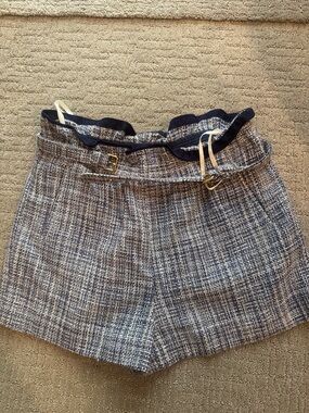 J. Crew Navy and White Tweed High-Waist Shorts with Belt